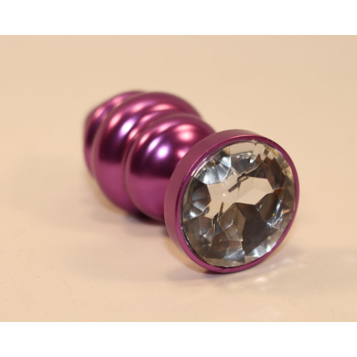 Фиолетовая рифленая пробка с прозрачным кристаллом - 7,3 см. (прозрачный)