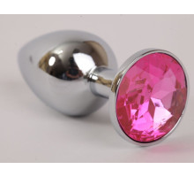 Серебряная металлическая анальная пробка с розовым стразиком - 8,2 см. (розовый)