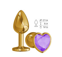 Золотистая анальная втулка с фиолетовым кристаллом-сердцем - 7 см. (фиолетовый)