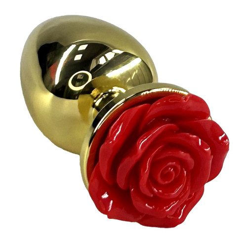 Золотистая анальная пробка с ограничителем в форме красной розы - 10 см. (золотистый)