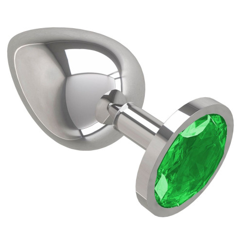 Серебристая большая анальная пробка с зеленым кристаллом - 9,5 см. (зеленый)