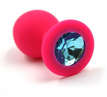Розовая силиконовая анальная пробка с голубым кристаллом - 7 см. (голубой)