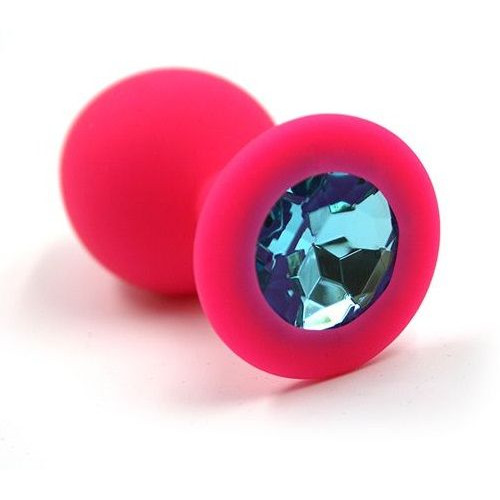 Розовая силиконовая анальная пробка с голубым кристаллом - 7 см. (голубой)