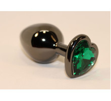 Черная коническая анальная пробка с зеленым кристаллом-сердечком - 8 см. (зеленый)