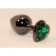 Черная коническая анальная пробка с зеленым кристаллом-сердечком - 8 см. (зеленый)