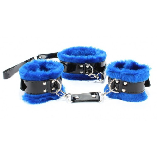 Черно-синие меховые наручники и ошейник с поводком (черный с синим)