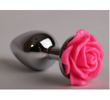 Серебристая анальная пробка с розовой розочкой - 9,5 см. (розовый)
