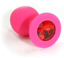 Розовая силиконовая анальная пробка с красным кристаллом - 7 см. (красный)
