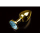 Маленькая золотистая анальная пробка с круглым кончиком и голубым кристаллом - 7 см. (голубой)