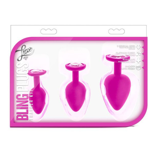 Набор розовых анальных пробок с прозрачным кристаллом-сердечком Bling Plugs Training Kit (розовый)
