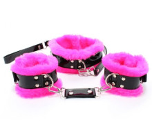 Черно-розовые меховые наручники и ошейник с поводком (черный с розовым)