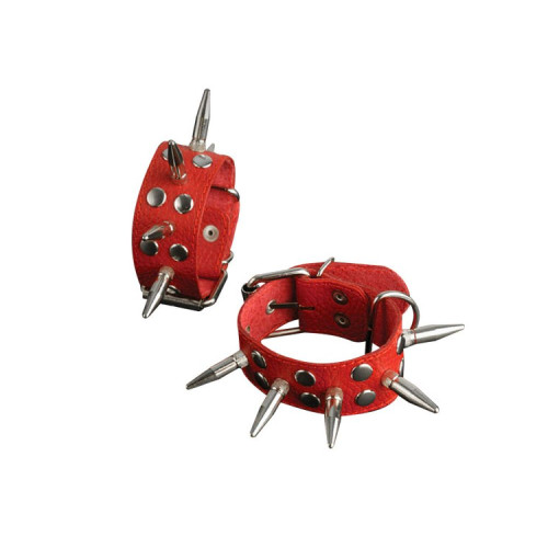 Красные кожаные наручники с шипами и заклепками (красный)