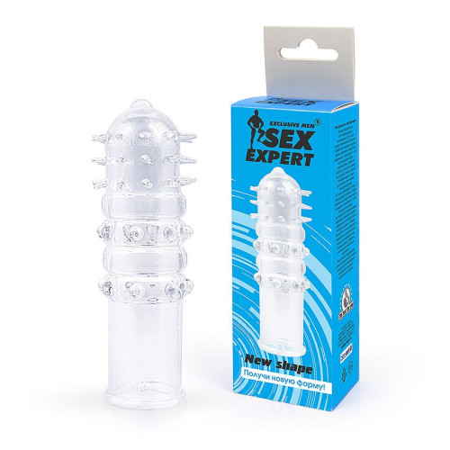 Закрытая прозрачная насадка на пенис с выпуклостями и шипами - 12,5 см. (прозрачный)