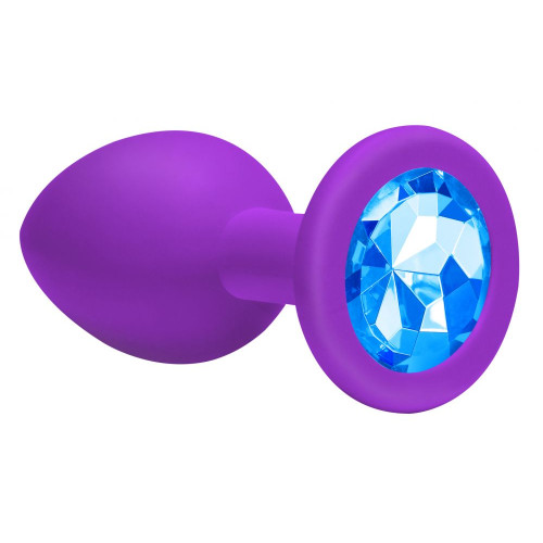 Большая фиолетовая анальная пробка Emotions Cutie Large с голубым кристаллом - 10 см. (нежно-голубой)