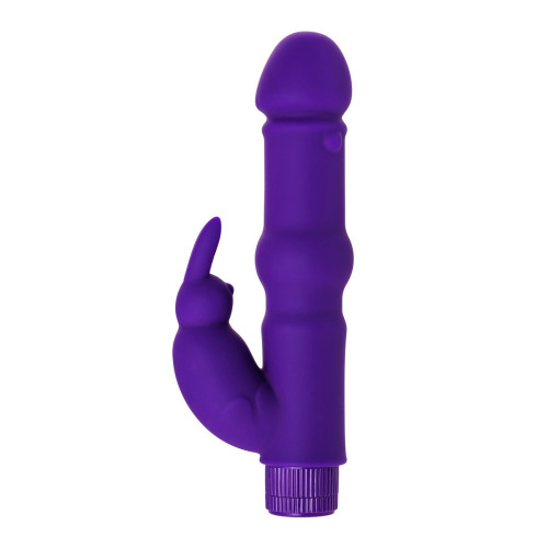 Фиолетовый вибратор с утолщением посередине и клиторальным зайчиком - 18 см. (фиолетовый)