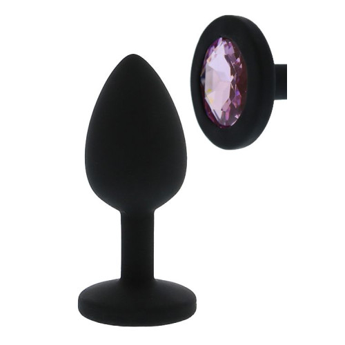 Черная гладкая анальная пробка с розовым кристаллом - 7 см. (черный)