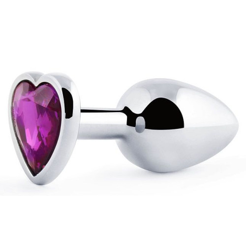 Серебристая анальная пробка с фиолетовым кристаллом-сердечком - 8 см. (фиолетовый)