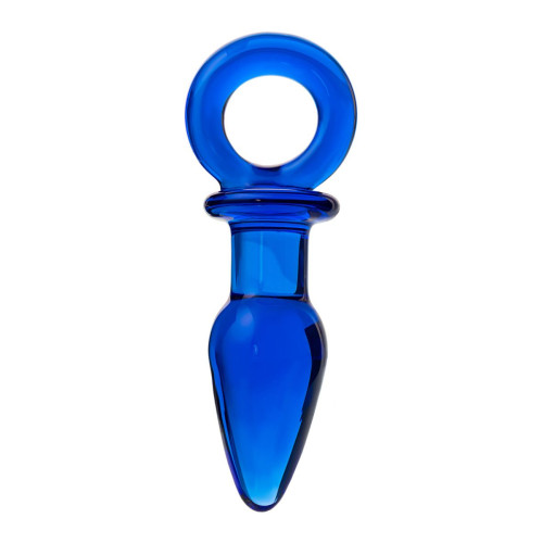 Синяя анальная пробка из стекла с ручкой-кольцом - 14 см. (синий)
