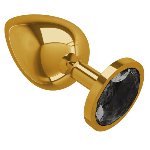 Золотистая большая анальная пробка с чёрным кристаллом - 9,5 см. (черный)