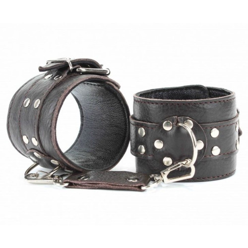 Коричневые кожаные наручники на металлической цепочке (коричневый)