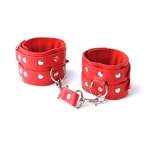 Красные кожаные наручники с велюровой подкладкой (красный)