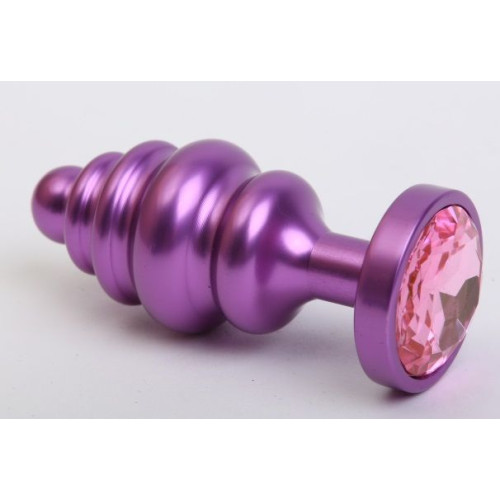 Фиолетовая ребристая анальная пробка с розовым кристаллом - 7,3 см. (розовый)