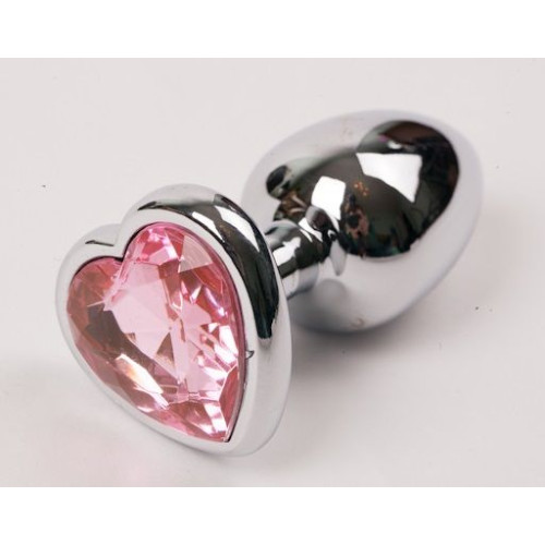 Серебристая анальная пробка с розовым стразиком-сердечком - 9 см. (розовый)