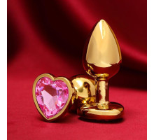 Золотистая анальная пробка с розовым кристаллом в форме сердца - 7 см. (розовый)