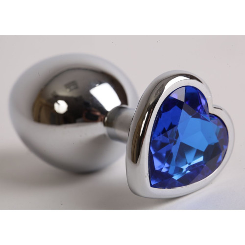 Серебристая анальная пробка с синим кристаллом-сердцем - 9 см. (синий)