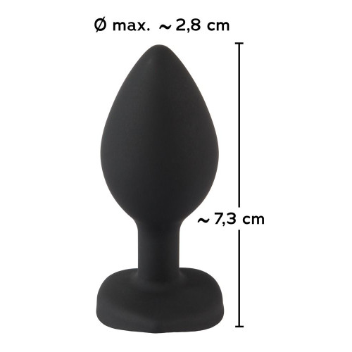 Черная силиконовая анальная пробка с прозрачным стразом-сердечком - 7,3 см. (черный)