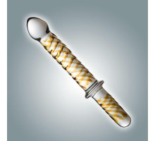 Прозрачный фаллоимитатор с ручкой и золотистым узором - 23 см. (прозрачный)
