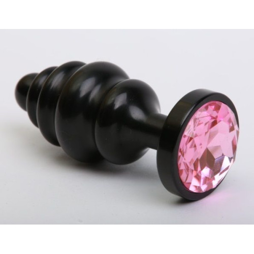 Чёрная ребристая анальная пробка с розовым кристаллом - 7,3 см. (розовый)