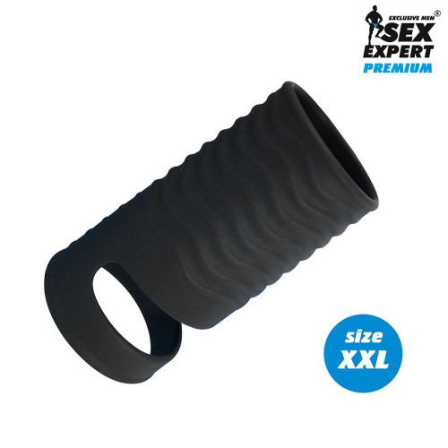 Черная открытая насадка на пенис с кольцом для мошонки XXL-size - 9,4 см. (черный)