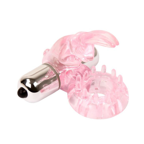 Эрекционное розовое виброкольцо с клиторальным зайчиком (розовый)