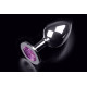 Большая серебристая анальная пробка с круглым кончиком и ярким фиолетовым кристаллом - 9 см. (фиолетовый)