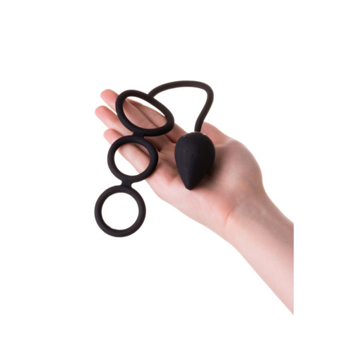 Тройное эрекционное кольцо с анальным хвостом Drop S-size (черный)