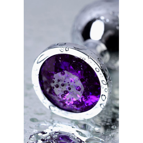 Серебристая коническая анальная пробка с фиолетовым кристаллом - 8 см. (фиолетовый)