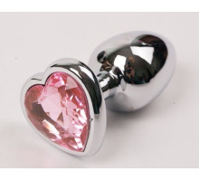 Серебристая анальная пробка с розовым стразиком-сердечком - 8 см. (розовый)