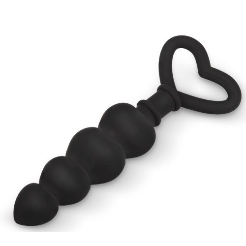 Черная рельефная анальная цепочка с ручкой-сердечком - 15 см. (черный)