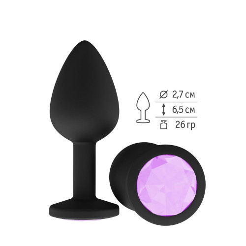 Чёрная анальная втулка с сиреневым кристаллом - 7,3 см. (сиреневый)