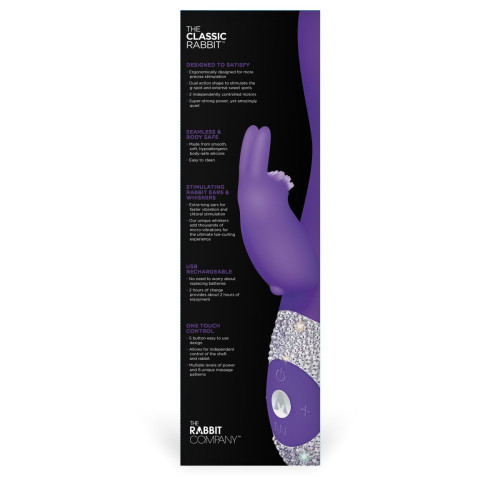 Фиолетовый вибромассажёр с клиторальным отростком и отделанной стразами рукоятью The Classic Rabbit - 22 см. (фиолетовый)