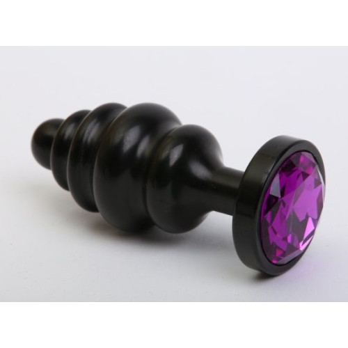 Черная фигурная анальная пробка с фиолетовым кристаллом - 8,2 см. (фиолетовый)