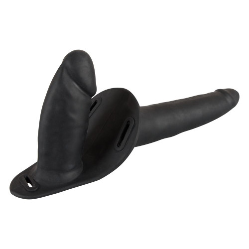 Женский страпон с вагинальной пробкой Double Strap On - 15 см. (черный)