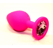 Розовая силиконовая анальная пробка с розовым стразом - 7 см. (розовый)