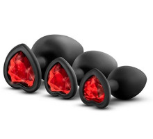 Набор черных анальных пробок с красным кристаллом-сердечком Bling Plugs Training Kit (черный)