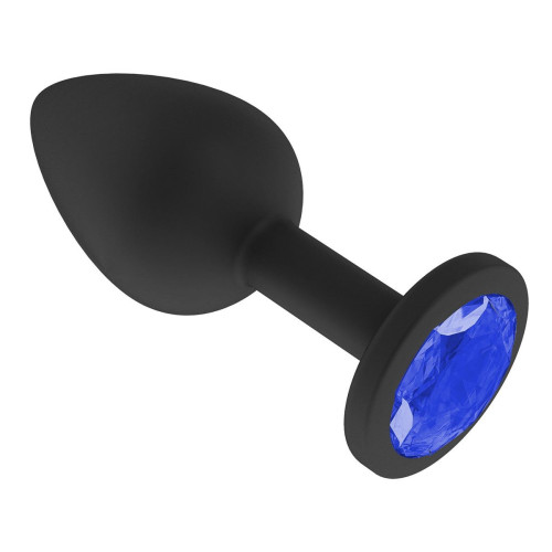 Чёрная анальная втулка с синим кристаллом - 7,3 см. (синий)