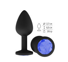 Чёрная анальная втулка с синим кристаллом - 7,3 см. (синий)