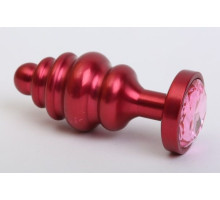 Красная ребристая анальная пробка с розовым стразом - 7,3 см. (розовый)