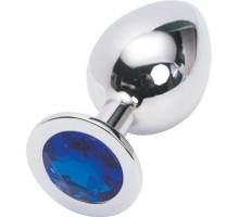 Серебряная металлическая анальная пробка среднего размера с синим стразиком - 8,2 см. (синий)