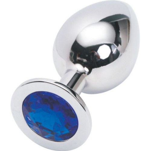 Серебряная металлическая анальная пробка среднего размера с синим стразиком - 8,2 см. (синий)